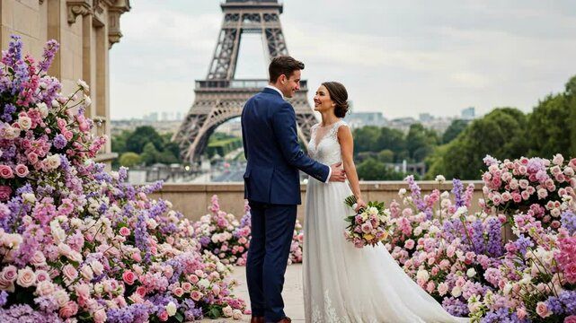 A romantic wedding scene with flowers and the Eiffel Tower