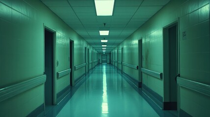 Obraz premium Tranquil hospital hallway bathed in soft light, embodying serenity and sterility in a healing environment.