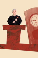 Art image vertical collage of serious arbitrator court worker old woman hold hammer verdict time...