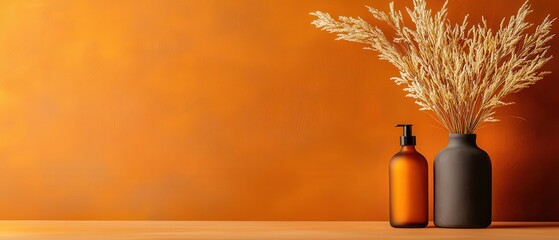Stylish home decor arrangement with vases and dried flowers warm orange background interior design minimalistic aesthetic focus