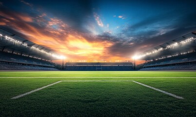 wide-angle view of an empty Football stadium at sunset, illuminated by lights and a green grass field under the setting sun. The sky is painted with hues of blue and orange