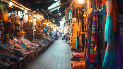 Naklejka premium Vibrant Marketplace with Colorful Textiles and Handcrafted Goods
