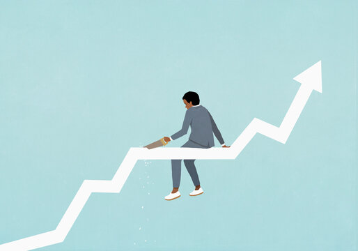 Businessman with saw cutting ascending chart arrow he is sitting on
