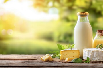 Organic milk from local farms ,support for local agriculture. Fresh dairy products on a wooden table in a serene outdoor setting.