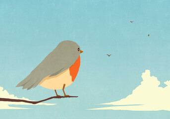 Serene bird perched on branch watching birds in blue sky
