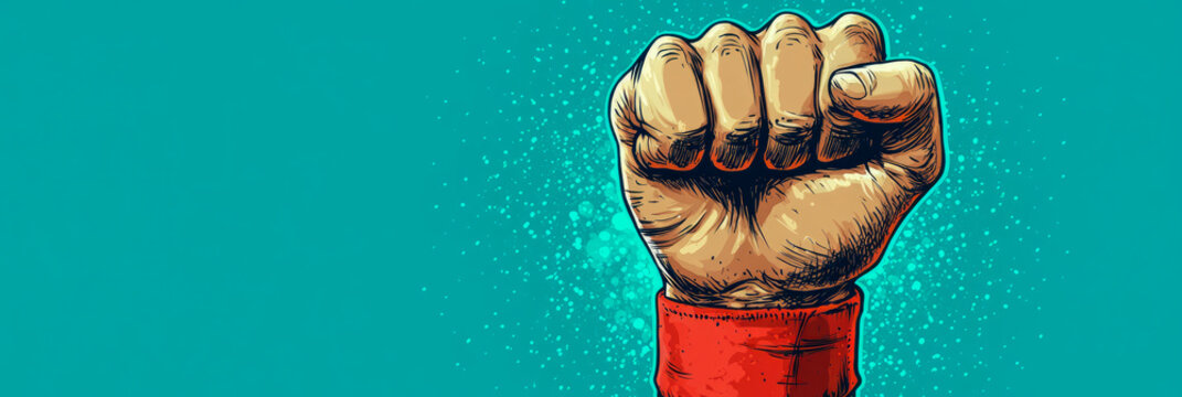 Power: A clenched fist in a dynamic action on a teal expanse, conveying strength and empowerment.