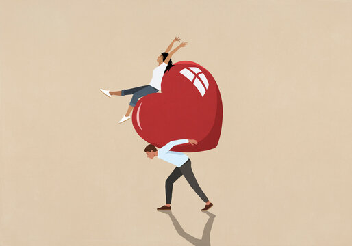 Carefree woman on large red heart being carried on man's back
