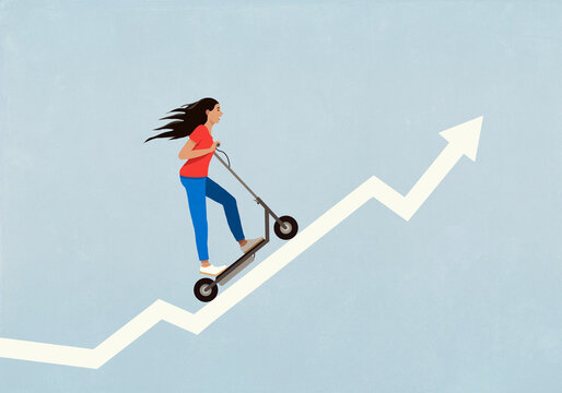 Happy, carefree young woman riding scooter up ascending graph arrow
