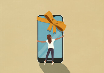 Girl hugging large smart phone with gift bow
