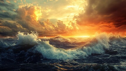 Fototapeta premium A mesmerizing sunset over the ocean, waves crashing on a coral-studded coastline with dramatic clouds.