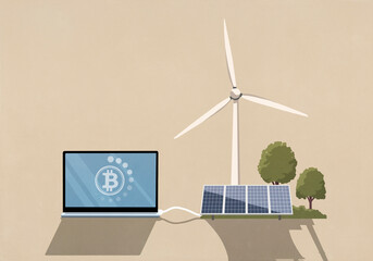 Bitcoin laptop connected to wind turbine and solar panels
