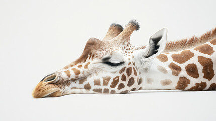 Obraz premium giraffe sleeping peacefully on white background, showcasing its unique patterns and features. serene expression highlights beauty of this majestic animal