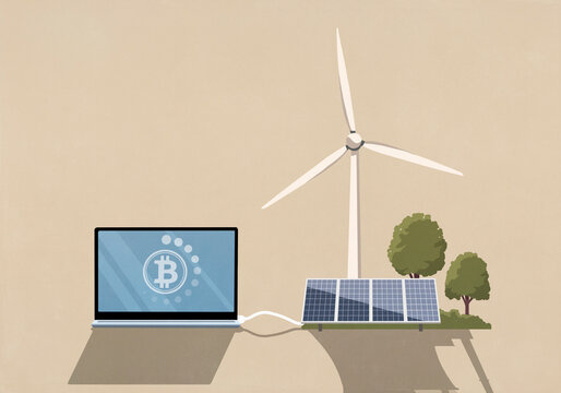 Bitcoin laptop connected to wind turbine and solar panels
