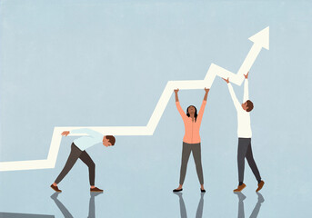 Business people trying to lift chart arrow upwards
