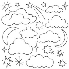 Set of hand drawn cloud, star, and moon icons in black outline. Simple celestial elements for design, stickers, and patterns.