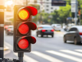 Traffic light displaying red and yellow signals on a busy city street with cars passing by
