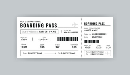 Boarding Pass Invitation For Airplane and Boat, Airline Boarding Pass Design Template. Minimalist  Flight Ticket and Wedding Invitation.