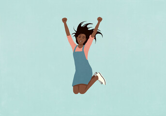 Portrait happy, carefree girl with arms raised jumping for joy on blue background
