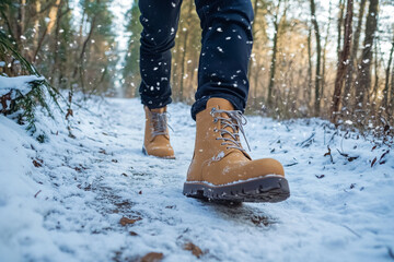 Man in boots walking along snowy path in winter forest