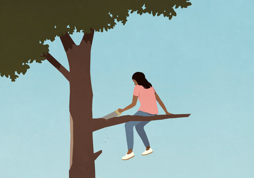 Teenage girl with saw cutting the tree branch she is sitting on
