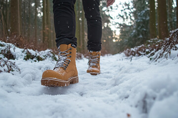 Man in boots walking along snowy path in winter forest
