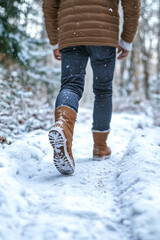 Man in boots walking along snowy path in winter forest