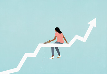 Woman with saw cutting ascending graph arrow she is sitting on
