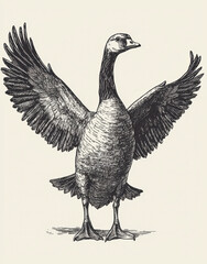 Naklejka premium detailed illustration of goose standing on its hind legs with wings spread wide, showcasing its majestic posture and intricate feather patterns. This artwork captures elegance and grace of bird