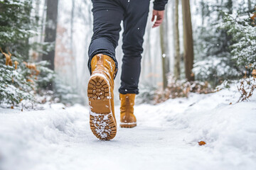 Man in boots walking along snowy path in winter forest