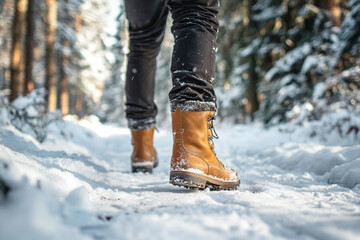 Man in boots walking along snowy path in winter forest