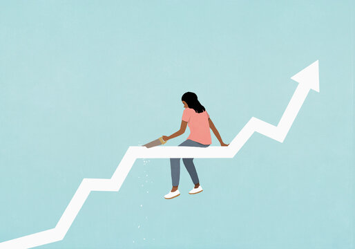 Woman with saw cutting ascending graph arrow she is sitting on
