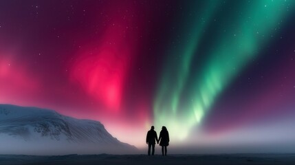 Fototapeta premium Romantic Couple Silhouetted Against Vibrant Aurora Borealis