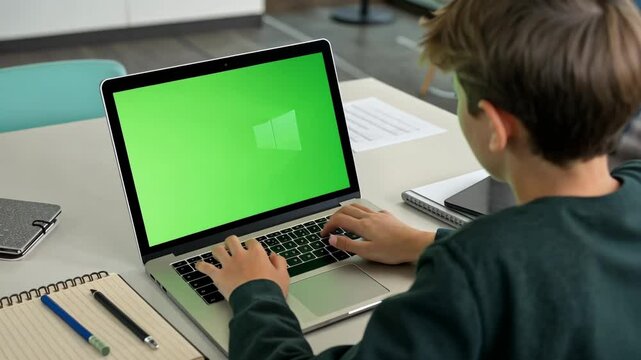 Laptop Computer Monitor Standing on a Desk with a Green Screen Chroma key. Green Screen Display with Isolated Placeholder for easy keying. 