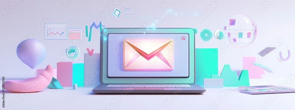 Poster creative digital workspace featuring an email application and colorful 3d graphics