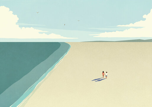 Aerial view couple walking on sunny, sandy, vacant ocean beach
