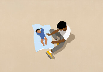 High angle view father watching baby son sleeping on blanket
