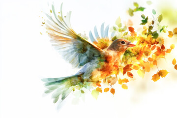 A vibrant bird in flight, surrounded by colorful autumn leaves and a soft dreamy background.