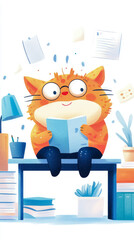 Back to School: Cat Student Studying with Book and Falling Papers, for educational purpose and print