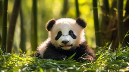 Fototapeta premium Playful baby panda lying on the grass with a bamboo forest in the background