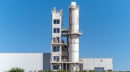 Industrial plant tower, clear sky, factory background