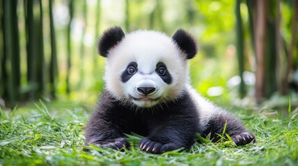 Obraz premium Playful baby panda lying on the grass with a bamboo forest in the background