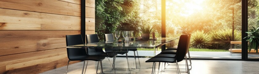 Chic modern dining room featuring earthy wood walls and elegant decor for a stylish dining experience.