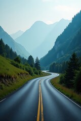 Naklejka premium Empty road curves through valley, misty Lake District peaks , rural, lake district