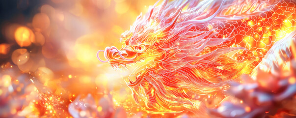 Fototapeta premium A vibrant dragon symbolizes power and mystique amid glowing flames and colorful scenery.