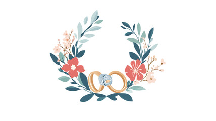 Obraz premium A digital illustration depicting a circular floral wreath composed of stylized leaves and flowers in pastel coral, teal, and beige hues. Two gold rings are situated at the base of the