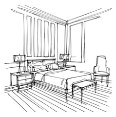 Linear sketch of an interior. Room plan. Sketch Line bedrooms

