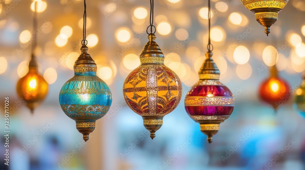Poster colorful hanging lanterns with bokeh background in soft lighting