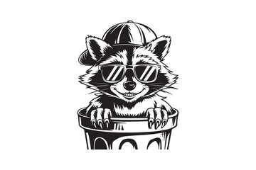 Cool Raccoon with Sunglasses in a Trash Can vector © somaiya