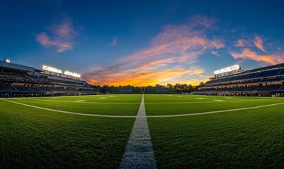 Fototapeta premium wide-angle view of an empty Football stadium at sunset, illuminated by lights and a green grass field under the setting sun. The sky is painted with hues of blue and orange