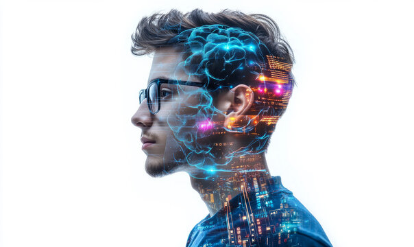  artificial intelligence concept with double exposure on a white background. A man in glasses is thinking about something futuristic and high-tech, glowing brain structure. 